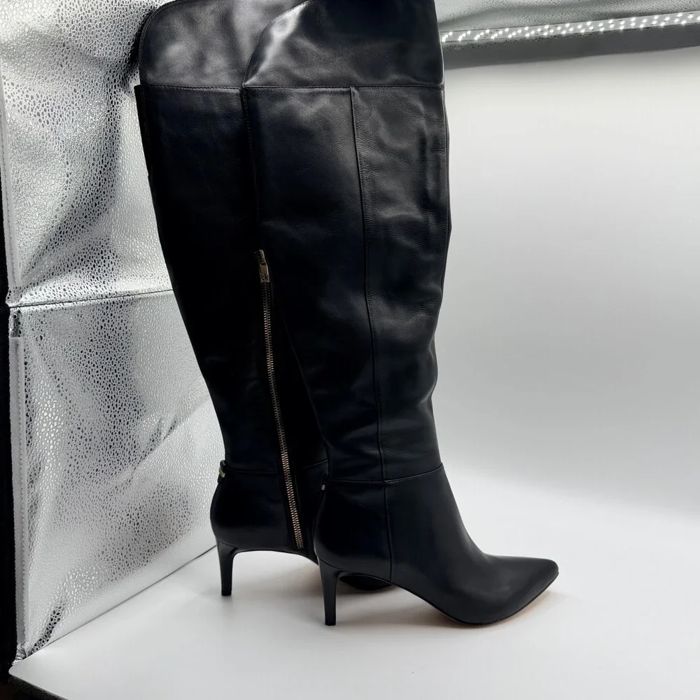 Calvin Klein Coletta Over the Knee Boots Women 6.5 Black Leather Stiletto Luxury